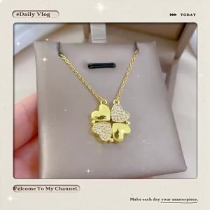Dây Chuyền Thép Titan Nữ Mặt Dây Chuyền Hình Trái Tim Khóa Chuỗi Lá Cỏ Bốn Lá Liên Kết Dây Chuyền Xương Quai Xanh Đa Năng Trang Sức Thời Trang