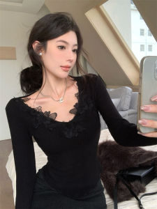 GUZILIAN | Autumn Winter Black V-neck Knitted Slim Fit Long Sleeve Base Shirt Womens Inner Wear Design Sensation Super Beautiful Top