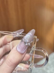 Water Flash Ice Transparent Cat Eye Sparkling Diamond Luxury Nude High-End Long Handmade Wearable False Nails Gentle Color