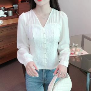 AMMIN 2024 Autumn new simple V-neck new Chinese jacquard long-sleeved chiffon shirt Womens short style sweet bubble sleeve elegant blouse