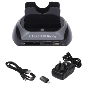 Dual-Bay USB 2.0 Docking Station with Card Reader IDE/SATA/eSATA All-In-One Hard Drive Clone Functionality for Easy Data Managem