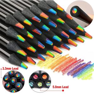 PROTREE 1Pcs Black Wood Rainbow Pen Large 7-Color Pencil for Sketching Graffiti Painting Student Stationery