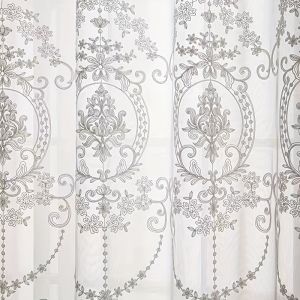 1pc White Embroidered Sheer Curtain European Baroque Floral Pattern Voile Light Filtering Drapes for Living Room Bedroom Home