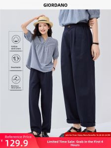 Giordano Womens Linen Cotton Casual Pants Pleated Semi-Elastic Waist Long Straight Leg Trousers Comfortable Commute Style