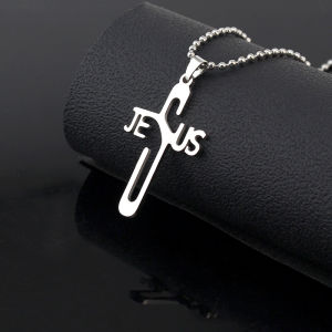 Letter Jesus Hollow Pendant Necklace Stainless Steel Silver Color Chain Hollow Cross Necklace for Men Women Jewelry Collier Gift
