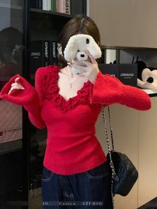 GUZILIAN | Korean Style Knitted Base Shirt Womens Inner Wear Red 3D Flower Design Autumn Winter Beautiful Sweater Top Fashion Commute