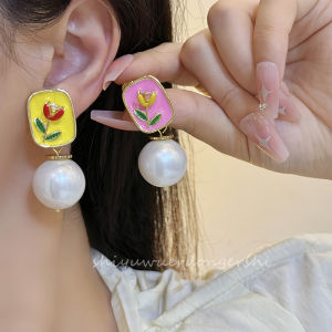 Retro French Pearl Pendant Ear Studs Fresh Fashion Tulip Geometry Incense Tray No Piercing Geometric Fashion Fresh out Sweet Style