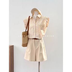 Womens Sleeveless Striped Shirt Cotton Linen Intellectual Style Summer New Arrival Korean Loose Fit Polo Collar Regular Length