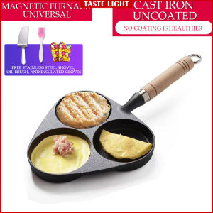 Porous Omelette Pan Cast Iron Frying Pan Non Stick Pan Fried Egg Burger Pan Uncoated Breakfast Pot Anti-Scalding Wooden Handle Induction Cooker Open Flame Universal