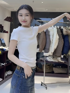 White round Neck Short Sleeve T-Shirt Womens Slim Fit Summer Base Layer Shirt Inner Wear Top Korean Style Commute Classic