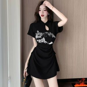 Chinese Style Short Qipao Dress Womens Summer Drawstring Waist Cinching Retro Button Design Sensation Dress Slimming Skirt