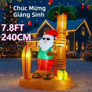 Đồ Trang Trí Sân Vườn Giáng Sinh Bơm Hơi LED 7.8FT Kiểu Bãi Biển Ông Già Noel Trên Ván Lướt Sóng Với Cây Cọ - Đèn Trang Trí Ngoài Trời Cho Ngày Lễ
