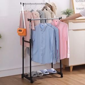 Double Pole Stainless Steel Cloth Hanger And Organizer Garment Rack Wheel Penyangkut Baju