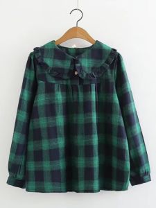 Áo Sơ Mi Cotton Cổ Búp Bê Dáng Rộng Cổ Điển Cho Nữ Mùa Xuân Thu Phong Cách Đại Học Kẻ Caro Vải Nhung Áo Chui Đầu