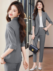 Gray Suit Set Womens Summer Thin Medium Sleeve Professional Formal Outerwear Elegant Commute Style Slim Fit Polyester Fiber