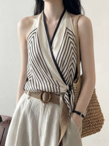 CHOEFULYN | French Satin Stripe V-Neck Halter Backless Sleeveless Womens Vest