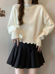 French Lace Trim Half High Neck Knit Sweater Womens Short Style Base Shirt Soft Cozy Top Shoulder Width Standard Autumn Size plus