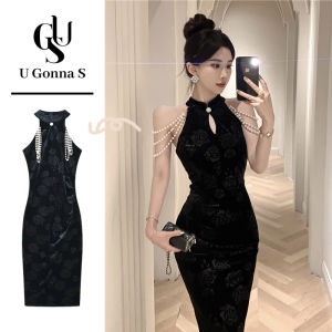 ชุดกี่เพ้ายาว2024ทันสมัยสำหรับผู้หญิงชุดรัดรูปกับมุกปกจีนเสื้อผ้าหรูหราเซ็กซี่แบบดั้งเดิมเสื้อผ้าแฟชั่นยืดได้ปาร์ตี้มื้อเย็นช่วงเย็นสีดำสีแดง