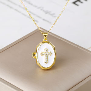 Black White Red Enamel Art Openable Photo Box Pendant Necklace High-Quality Gold-Plated Party Cross Zircon Jewelry for Women