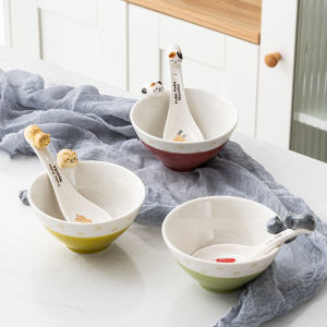 Japanese-Style Ceramic Hapins New Arrival Cat Lying Bowl Kids Stylish Cute Cat Face Tableware Good-looking Cartoon Bowl Spoon