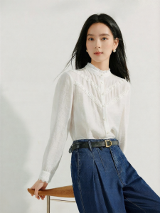 INMAN | Áo Blouse Dài Tay Cổ Đứng Voan Pháp Linen Lyocell
