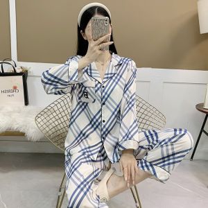 ผ้าไหม ชุดนอน ผู้หญิง ชุดเสื้อผ้าบ้านแขนยาว ลายทาง ลายหรูหรา น้ำหนักเบา สีฟ้า สีขาว ลายทาง S Youth Suitable