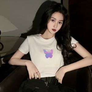 Áo croptop nữ tay ngắn họa tiết phản quang cực đẹp và dễ thương Áo phông nữ ngắn dáng lửng hot trend STYLE T005