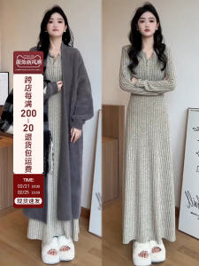 Autumn Winter Knitted Midi Sweater Dress High Waist A-Line Casual Long Sleeve Ladies Fashion Small Size Medium Length Dress
