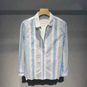 Spring Autumn Thin Long Sleeve Shirt Mens Youth Artistic Maturity Flip Collar Comfortable Breathable Casual Striped Outerwear