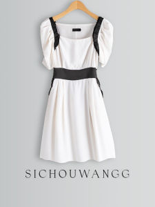 Silk Summer Slimming Bubble Sleeve Square Collar Short Sleeve Commute High Waist A-Line Dress Korean Style Splice Pure Color