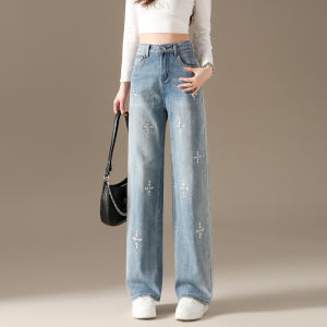 กางเกงยีนส์ทรงตรงเอวสูงสำหรับผู้หญิง กางเกงขายาวทรงหลวมสีอ่อน ทรงสลิมฟิต ปักลายเพชร ทรงขากว้าง กางเกงยีนส์ทรงตรง