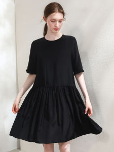 Miccbeirn | Silk Shantung Simple Sweet Lace Trim A-Line Dress Elegant Short Doll Dress Casual Round Neck Mid Sleeve Loose Waist Summer