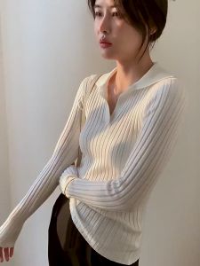 Polo Blouse Knitted Blouse Plus Size Womens Korean Style Loose V-Neck Long-sleeved Bottom Shirt