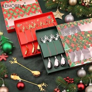 2/4/6PCS Stainless Steel Spoon Tableware Christmas Deer Shape Coffee Spoon Cake Dessert Stirring Elk Spoon Christmas Gift Box