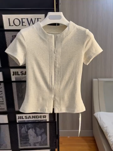 korean v-neck women‘s short sleeve double zippers t-shirt cacual cropped top