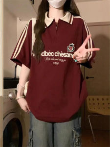 Womens Cotton Polo T-Shirt Half Zipper Short Sleeve Sporty Loose Fit Summer Casual Wear Creative Print Street Style Top