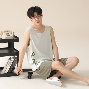 miiow | Mens Summer Ice Silk Sleepwear Thin Sleeveless Vest Home Clothes Set Catman Sport Style Short Pants Round Neck Print Casual