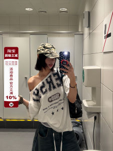 American Retro Letter Print Casual Short Sleeve T-Shirt Womens Slimming Top Shoulder Design Summer Comfortable Cotton Tee