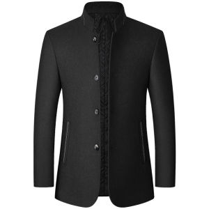 SHIPAILUO | Mens Woolen Jacket Zhongshan Style Stand Collar Midlife Mens Autumn Winter Casual Outerwear Multiple Pockets Iron-Free Processing