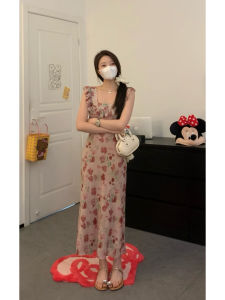 Viiwen Sweet French Style Long Floral Print Dress with Pleated Waist And Bell Sleeves Pink Color Summer Womens Gown