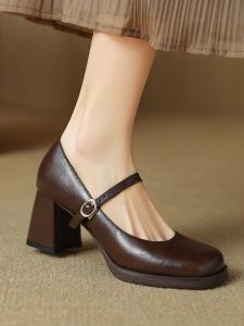 Retro Lamb Skin Chunky Heel Single Shoes Spring Autumn New Simple Square Head Buckle Mary Jane Womens Shoes Fashionable Flats