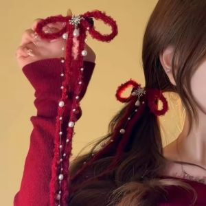 40CM Sweet Red Snowflake Bowknot Hair Clip Hairpins for Women Girls Long Tassel Bow Side Clip Hair Decor Accessories New Year Gifts