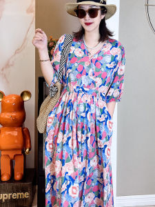 Summer Floral Print Cotton Silk Dress Loose Fit Beachwear Womens Outerwear A-Line Skirt V-Neck Short Sleeve Casual Style