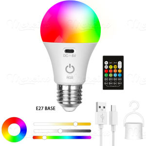 5V Rechargeable Light Bulb Remote Control Battery RGB Color Changing Temperature Dimmable Timer Function for Wireless Table Lamp