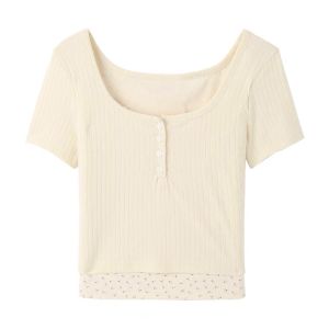 Áo Thun Nữ EMFLF Pure Desire Shoulder Short Sleeve Patchwork Print Half Open Collar Cotton Blend Summer T-shirt