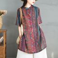 Retro Floral Cotton Linen Shirt Women's Loose Slimming Stand Collar Button up mid Length Summer Top Ethnic Style Loose Fit. 