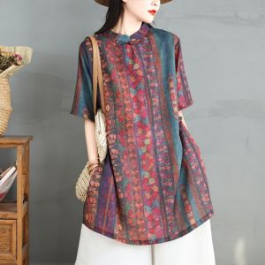 Cotton Linen Mid Length Shirt for Women Loose Fit Summer Printed Work Clothing Stand Collar Slimming Style Mothers Clothing