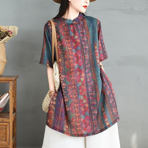 Retro%20Floral%20Cotton%20Linen%20Shirt%20Women's%20Loose%20Slimming%20Stand%20Collar%20Button%20up%20mid%20Length%20Summer%20Top%20Ethnic%20Style%20Loose%20Fit%20-%20Image%206