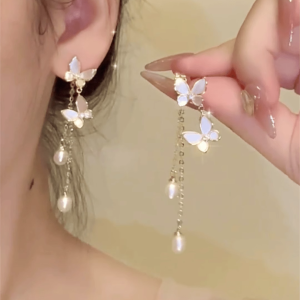 Exquisite Long Butterfly Pearl Shell Earrings for Women High-End Fashionable Trendy Alloy Gold Plated Silver Jewelry