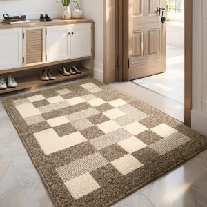 Retro Checkered Entrance Door Mat High End Home Dust Removal Entrance Door Rug Anti Slip Khaki Hall Carpet Machine Washable